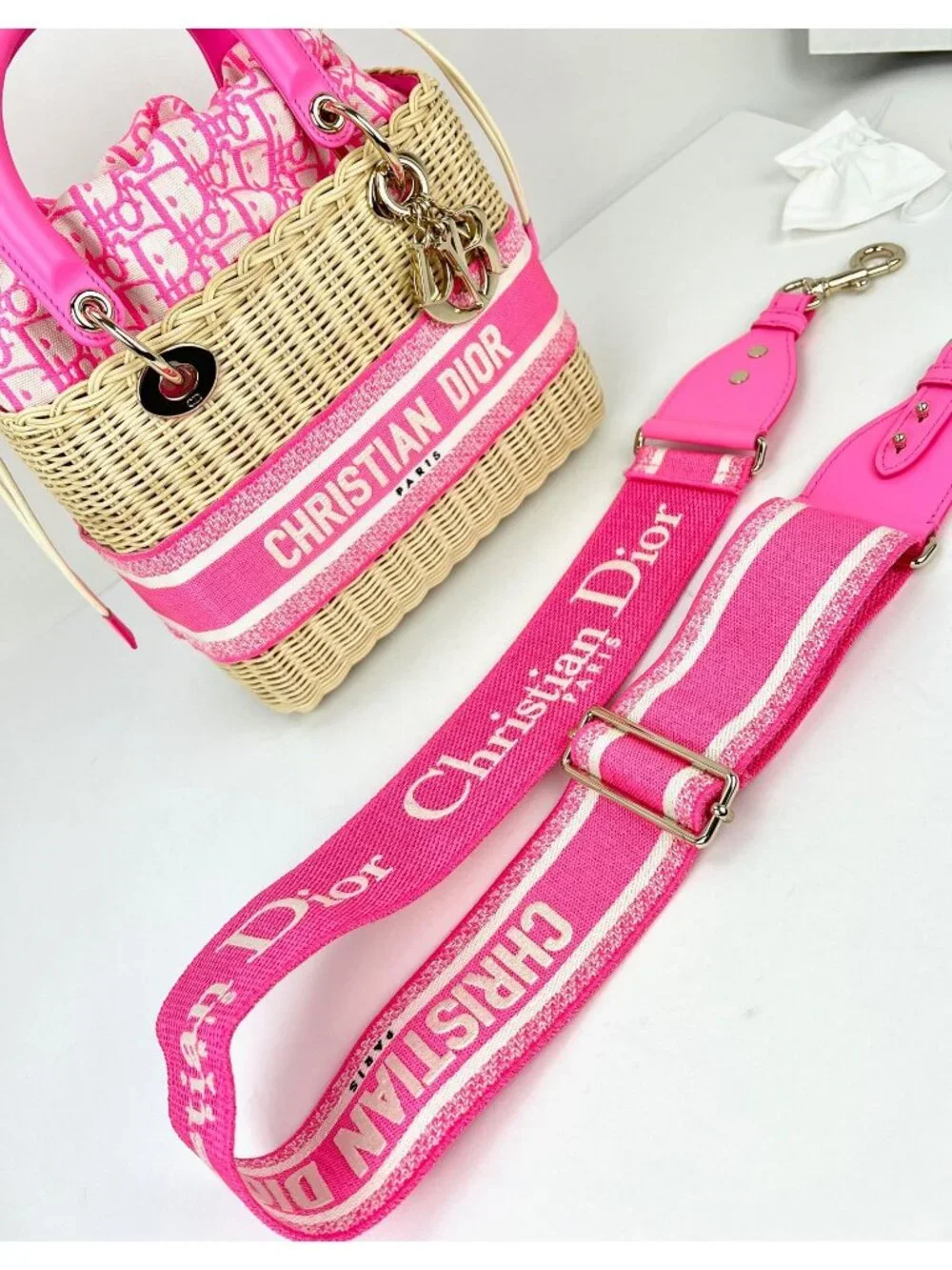 Christian Wicker Oblique Fluorescent Pink Medium Lady Bag